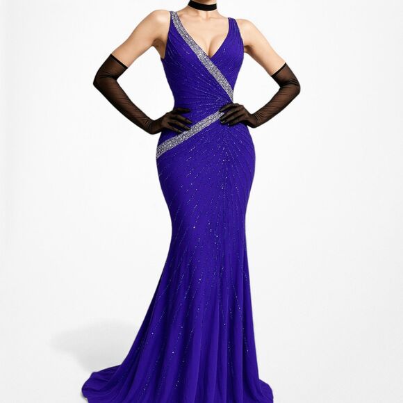 Vintage Y2K Purple Blue V-Neck Beaded Bodycon Maxi Prom Dress Size S - Picture 2 of 11